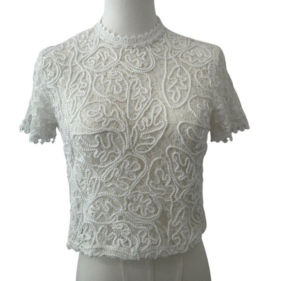 NWT Akira Cream Short Sleeve Woman's Blouse with High Neck in Size Small - Picture 1 of 16